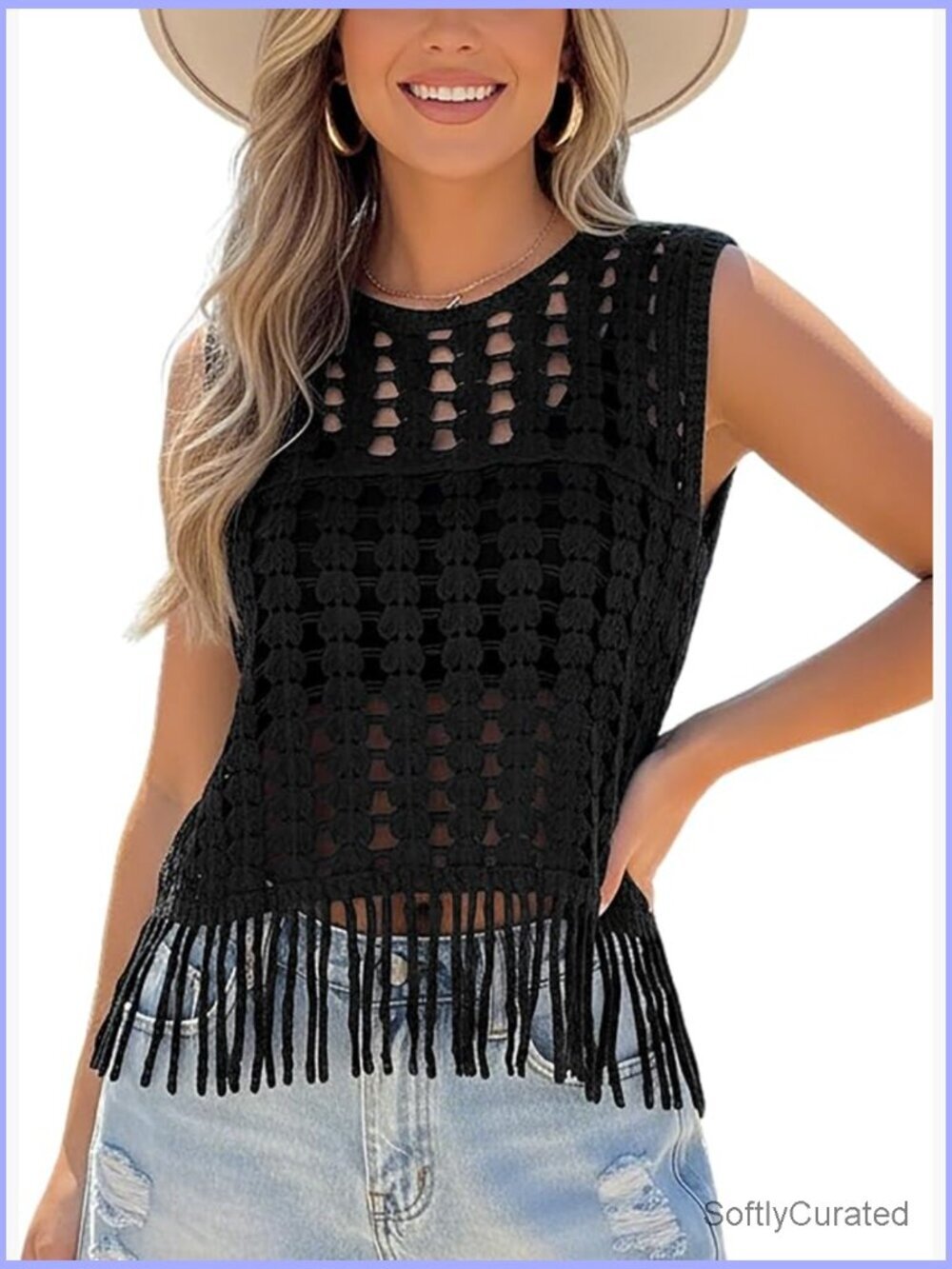Boho Crochet Tank Top Fringe Hem Sleeveless Crop Top Summer Beach Cover Up